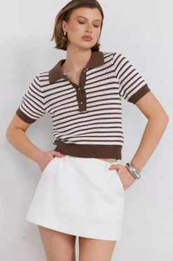 Sovere Studio - PETRA POLO KNIT TOP (TAUPE / CREAM)